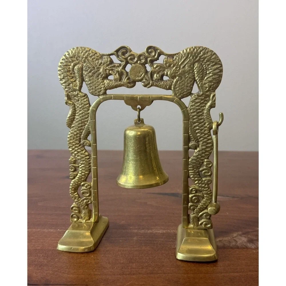VINTAGE BRASS BELL & MALLOT Asian DRAGON STAND GREAT BELL TONE 7